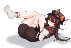 Rule 34 | 1girl, absurdres, artist request, ass, black shorts, blush, brown hair, cameltoe, chinese clothes, genshin impact, hat, hat ornament, highres, hu tao (genshin impact), legs, legs up, long hair, looking at viewer, red eyes, shiny skin, short shorts, shorts, smile, solo, twintails, very long hair