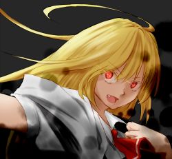 Rule 34 | &gt;:d, 1girl, :d, ascot, bad id, bad pixiv id, blonde hair, darkness, ex-rumia, fang, long hair, open mouth, red eyes, rumia, smile, solo, touhou, v-shaped eyebrows, yamabuki (yamabuki xxxxx)