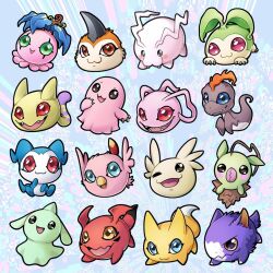 blue_eyes chibimon digimon digimon_(creature) dorimon green_eyes gummymon happy highres horns jyarimon koromon minomon mochimon nyaromon open_mouth pokomon_(digimon) poromon pyocomon red_eyes smile tail tanemon tokomon tunomon upamon