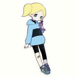 Rule 34 | 1girl, asymmetrical legwear, ayu (mog), bandaid, bandaid on knee, bandaid on leg, blonde hair, blue eyes, blue footwear, blue hoodie, blush, bubbles (ppg), closed mouth, dot mouth, holding, holding stuffed toy, hood, hoodie, powerpuff girls, shoes, short twintails, simple background, sneakers, solo, stuffed animal, stuffed octopus, stuffed toy, twintails, white background
