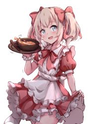 Rule 34 | 1girl, :d, apron, blush, bow, bowl, collared dress, commentary request, cowboy shot, dress, food, frilled apron, frilled dress, frills, hair bow, hakuya (white night), hand up, highres, holding, latina (uchi no musume no tame naraba), light brown hair, maid apron, open mouth, pleated dress, puffy short sleeves, puffy sleeves, red bow, red dress, revision, short sleeves, simple background, skirt hold, smile, solo, spoon, thighhighs, twintails, uchi no musume no tame naraba ore wa moshikashitara maou mo taoseru kamo shirenai., white apron, white background, white thighhighs