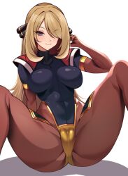 Rule 34 | 1girl, athletic leotard, blonde hair, bodysuit, breasts, cameltoe, cleft of venus, cosplay, creatures (company), cynthia (pokemon), feet out of frame, game freak, grey eyes, hair over one eye, highleg, highres, large breasts, leotard, long hair, looking at viewer, nintendo, pokemon, pokemon: the electric tale of pikachu, pokemon dppt, simple background, skin tight, smile, volyz, white background