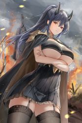Rule 34 | 1girl, absurdres, armor, black cape, black dress, black garter straps, black thighhighs, breasts, cape, closed mouth, cross, crossed arms, dress, fire, frown, garter straps, grey sky, highres, horns, lace, lace-trimmed legwear, lace trim, large breasts, lillly, looking at viewer, oni horns, original, outdoors, ponytail, red eyes, shoulder armor, sky, standing, thighhighs, underboob, zettai ryouiki