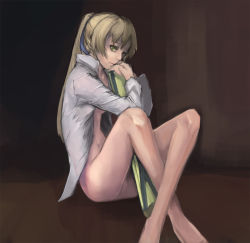 Rule 34 | 1girl, artoria pendragon (fate), avalon (fate/stay night), barefoot, blonde hair, bottomless, fate/stay night, fate/zero, fate (series), green eyes, hair ribbon, long hair, no pussy, open clothes, open shirt, ribbon, riftgarret, saber (fate), sheath, shirt, solo