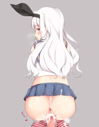 Rule 34 | 1girl, anus, ass, bad id, bad pixiv id, blush, breath, clothed sex, cosplay, crossover, cum, cum in pussy, cum on ass, grey background, hairband, idolmaster, idolmaster (classic), kantai collection, long hair, looking at viewer, looking back, penis, red eyes, sex, shijou takane, shimakaze (kancolle), shimakaze (kancolle) (cosplay), shuuichi, silver hair, simple background, skirt, socks, solo focus, striped clothes, striped thighhighs, text focus, thighhighs, uncensored, vaginal