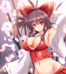 Rule 34 | 1girl, arm behind head, armpits, ascot, between breasts, bow, breasts, brown eyes, cherry blossoms, chestnut mouth, cleavage, detached sleeves, female focus, hair bow, hair tubes, hakurei reimu, large breasts, long sleeves, looking at viewer, midriff, navel, no bra, open mouth, red eyes, shirt, skirt, solo, sumapan, touhou, tree, wide sleeves