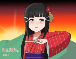 Rule 34 | 10s, 1girl, artist name, artist request, black hair, blunt bangs, female focus, flower, green eyes, hair flower, hair ornament, hand fan, highres, holding, holding fan, jam99p, japanese clothes, kanzashi, kimono, kurosawa dia, long hair, looking at viewer, love live!, love live! school idol festival, love live! sunshine!!, mole, mole under mouth, obi, parted lips, red flower, red kimono, sash, sleeves past wrists, smile, solo, striped, sunrise, upper body, vertical stripes, wide sleeves