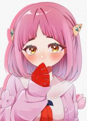 Rule 34 | 1girl, arched bangs, blush, brown eyes, cardigan, commentary request, covering own mouth, creatures (company), eyelashes, game freak, gloves, hair ornament, hairclip, highres, lacey (pokemon), long sleeves, looking at viewer, marumaru gnsn, nintendo, pink cardigan, pink hair, pokemon, pokemon sv, red gloves, short hair, upper body, white background