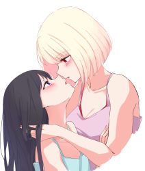 Rule 34 | 2girls, absurdres, black hair, blonde hair, blush, commentary request, cropped torso, eye contact, hand in another&#039;s hair, hand on another&#039;s chest, highres, inoue takina, kiss, long hair, looking at another, lycoris recoil, multiple girls, nishikigi chisato, purple eyes, red eyes, short hair, tomu (tom 309k), yuri
