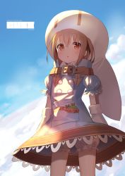Rule 34 | 1girl, blush, brown eyes, brown hair, cloud, company name, dress, gloves, gust (neptunia), hair between eyes, hat, highres, idemitsu, looking at viewer, neptune (series), open mouth, solo