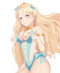 Rule 34 | 1girl, absurdres, alternate costume, armlet, armpits, ass, azur lane, bad id, bad pixiv id, bare shoulders, blonde hair, blue bow, blue eyes, blue one-piece swimsuit, bow, bow swimsuit, breasts, choker, cleavage, closed mouth, emile bertin (azur lane), emile bertin (cote d&#039;azur) (azur lane), groin, hair between eyes, hair bow, hair ornament, half-closed eyes, hands on own chest, highres, long hair, looking at viewer, medium breasts, navel, one-piece swimsuit, sidelocks, simple background, skindentation, smile, solo, sparkling eyes, stomach, swimsuit, tastysalt, thighs, very long hair, wavy hair, white background