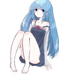 Rule 34 | 1girl, arm warmers, black dress, blue eyes, blue hair, dress, full body, knees up, long hair, looking at viewer, original, sitting, solo, tomoshibi (rokugatsu)