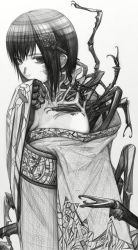 Rule 34 | 1girl, absurdres, arthropod limbs, bare shoulders, body horror, breasts, bug, cleavage, closed mouth, collarbone, gradient background, grey background, greyscale, hair ornament, hairclip, hatching (texture), highres, horror (theme), japanese clothes, kimono, long sleeves, looking at viewer, medium hair, monochrome, original, savuxan, sleeves past wrists, solo, spine, wide sleeves