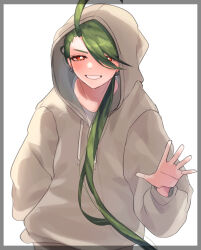 Rule 34 | 1girl, blush, bright pupils, commentary request, creatures (company), dark green hair, earrings, facing viewer, game freak, godouyu (neisukun), grin, hair over one eye, hand up, highres, hood, hood up, hooded jacket, jacket, jewelry, long hair, long sleeves, nintendo, pokemon, pokemon sv, ponytail, red eyes, rika (pokemon), single hair intake, smile, solo, teeth, triangle earrings, upper body, white pupils