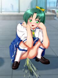 Rule 34 | 1girl, arion canvas, bench, blush, brown footwear, censored, chain-link fence, fence, green eyes, green hair, green necktie, hair ribbon, highres, kneehighs, long hair, looking at viewer, midorikawa nao, necktie, no panties, open mouth, peeing, ponytail, precure, puddle, pussy, ribbon, school uniform, shirt, shoes, short sleeves, smile, smile precure!, socks, squatting, teeth, tongue, tongue out, white shirt, white socks, yellow ribbon