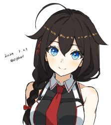 Rule 34 | 1girl, absurdres, ahoge, bigkwl, black gloves, black hair, black shirt, blue eyes, braid, breasts, dated, gloves, hair flaps, hair over shoulder, highres, kantai collection, long hair, looking at viewer, medium breasts, necktie, one-hour drawing challenge, red necktie, shigure (kancolle), shigure kai san (kancolle), shirt, simple background, single braid, sleeveless, sleeveless shirt, smile, solo, twitter username, two-tone shirt, upper body, white background