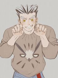 Rule 34 | 1boy, blue pants, bokuto koutarou, brown sweater, chengongzi123, claw pose, colored eyelashes, grey background, grey hair, grin, haikyuu!!, hands up, highres, long sleeves, looking at viewer, male focus, multicolored hair, pants, short hair, simple background, smile, streaked hair, sweater, thick eyebrows, upper body, very short hair, yellow eyes
