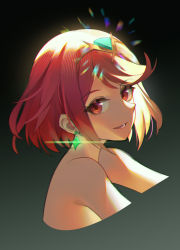 Rule 34 | 1girl, :d, absurdres, cropped torso, earrings, from side, gradient background, green background, highres, jewelry, lens flare, looking at viewer, looking to the side, nude, open mouth, portrait, pyra (xenoblade), red eyes, smile, solo, swept bangs, tiara, xenoblade chronicles (series), xenoblade chronicles 2, yaxiya