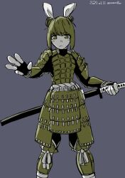 Rule 34 | 1girl, absurdres, adapted costume, armor, black gloves, blonde hair, bun cover, closed mouth, commentary request, dated, double bun, fingerless gloves, gloves, grey background, hair bun, highres, holding, holding sword, holding weapon, japanese armor, joutouguu mayumi, katana, kusazuri, looking at viewer, ma (22mabo), short hair, signature, simple background, solo, suneate, sword, touhou, weapon, yellow eyes