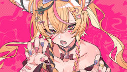 Rule 34 | 1girl, absurdres, animal (vocaloid), animal ears, bandaid, bandaid on arm, bare shoulders, blonde hair, blue nails, braid, collarbone, drooling, fingernails, fox ears, fox girl, hair ornament, hairclip, highres, hololive, kakult2017, looking at viewer, multicolored nails, nail polish, official art, omaru polka, open mouth, pink background, pink nails, saliva, second-party source, solo, twin braids, virtual youtuber, vocaloid, zain (omaru polka)