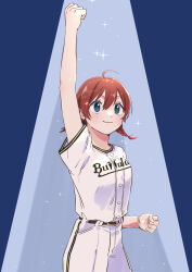 Rule 34 | 1girl, absurdres, ahoge, arm up, baseball uniform, blue eyes, braid, brown hair, clenched hands, commentary request, emma verde, freckles, grin, highres, looking afar, love live!, love live! nijigasaki high school idol club, nippon professional baseball, orix buffaloes, shirt, short sleeves, shorts, smile, solo, sparkle, sportswear, stage lights, standing, twin braids, upper body, white shirt, white shorts, yurine (mmmiso souppp)
