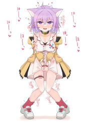 Rule 34 | 1girl, ahoge, animal ear fluff, animal ears, bare shoulders, between legs, blue footwear, blush, breasts, breath, buttons, cat ears, cat girl, cleavage, coat, collar, collarbone, controller, covered erect nipples, cross-laced footwear, crossed bangs, dress, fang, female focus, full body, half-closed eyes, hand between legs, happy, heart, heart-shaped pupils, heavy breathing, highres, hololive, inugami korone, inugami korone (1st costume), japanese text, large breasts, leaning forward, long sleeves, looking at viewer, matching hair/eyes, nekomata okayu, nose blush, off shoulder, open clothes, open coat, open mouth, own hands together, pigeon-toed, pocket, purple eyes, purple hair, red socks, remote control, remote control vibrator, saliva, sex toy, shoes, short dress, short hair, sidelocks, simple background, sinasimu4746, sleeveless, sleeveless dress, smile, sneakers, socks, solo, spoken heart, standing, straight-on, sweat, symbol-shaped pupils, thigh strap, translation request, trembling, v arms, vibrator, vibrator cord, vibrator under clothes, virtual youtuber, white background, white dress, wristband, yellow coat