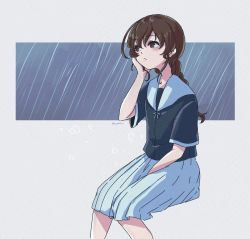 Rule 34 | 1girl, blue shirt, braid, brown eyes, brown hair, closed mouth, cocax x, hair between eyes, head rest, highres, invisible chair, kantai collection, long hair, official alternate costume, rain, shirt, short sleeves, simple background, single braid, sitting, skirt, solo, souya (kancolle), twitter username, white skirt