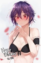 Rule 34 | 1girl, arm garter, bad id, bad pixiv id, bare shoulders, bikini, black bikini, blush, breasts, closed mouth, commentary request, english text, hair between eyes, hands up, highres, hplay, large breasts, looking at viewer, mole, mole under eye, original, red eyes, short hair, solo, swimsuit, wide-eyed