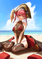 1girl absurdres beach between_legs bikini bikini_under_clothes blue_sky breasts brown_leotard brown_thighhighs closed_mouth cloud day full_body hand_between_legs hat heterochromia highres hololive houshou_marine jacket large_breasts leotard looking_at_viewer matmaj no_shoes ocean outdoors pirate_hat plume red_eyes red_hair see-through_clothes sitting sky smile solo swimsuit thighhighs thighs twintails unworn_jacket virtual_youtuber wariza yellow_eyes