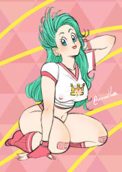 Rule 34 | 1girl, amartbee, aqua hair, arm behind head, bandaid, bandaid on knee, bandaid on leg, blue eyes, breasts, bulma, commentary, covered erect nipples, dragon ball, dragonball z, english commentary, fingerless gloves, full body, gloves, large breasts, navel, red nails, red socks, sitting, socks, solo, thick thighs, thighs, tongue, twitter username, wariza