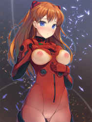 Rule 34 | 1girl, adapted costume, black background, blue eyes, blush, breastless clothes, breasts, cameltoe, cleft of venus, cowboy shot, embarrassed, glowing, gradient background, grey background, hair ornament, large breasts, long hair, munashi mujou, neon genesis evangelion, nipples, no bra, orange hair, outline, parted bangs, plugsuit, puffy nipples, see-through, skin tight, solo, souryuu asuka langley, standing