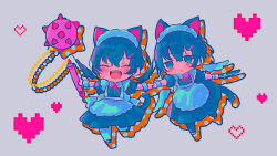 Rule 34 | 2boys, angel wings, animal ears, apron, ball and chain (weapon), black dress, black eyes, black hair, cat ears, cat tail, chibi, dagger, demon wings, dress, dual persona, highres, knife, limbus company, multiple boys, project moon, sang yi (project moon), simple background, tail, weapon, white apron, white background, wings, y0ru73, yi sang (project moon)