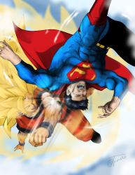 Rule 34 | 2boys, abs, albert217, armband, aura, battle, black hair, blonde hair, blue eyes, cape, clenched hand, crossover, dc comics, dragon ball, dragonball z, closed eyes, flying, green eyes, long hair, male focus, manly, multiple boys, muscular, open mouth, punching, red cape, red footwear, s shield, shoes, short hair, signature, skin tight, son goku, super saiyan, super saiyan 3, superman, superman (series), teeth, very long hair, wristband