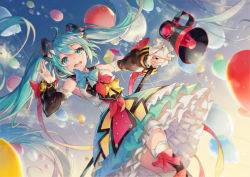 Rule 34 | 1girl, ahoge, aqua eyes, aqua hair, aqua skirt, balloon, bare shoulders, black thighhighs, blue bow, blue sky, bow, breasts, cloud, commentary, day, detached sleeves, dress bow, dutch angle, english commentary, feet out of frame, floating hair, frilled skirt, frills, hair between eyes, hair ornament, hand up, hatsune miku, holding, layered skirt, long hair, long sleeves, looking at viewer, magical mirai (vocaloid), magical mirai miku, magical mirai miku (2018), medium breasts, megaphone, microphone stand, open mouth, outdoors, ouu min, red bow, red ribbon, ribbon, skirt, sky, solo, thighhighs, twintails, very long hair, vocaloid, yellow bow