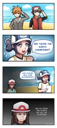 Rule 34 | 2boys, 2girls, 4koma, absurdres, baseball cap, bettie (pokemon), black hair, blue oak, blue sky, breasts, brown eyes, brown hair, closed eyes, cloud, comic, commentary, creatures (company), crying, day, english commentary, english text, flat chest, frown, game freak, grey eyes, hand on headwear, hat, highres, holding, holding paper, leaf (pokemon), long hair, long sleeves, multiple boys, multiple girls, nintendo, own hands clasped, own hands together, paper, pokemon, pokemon frlg, pokemon hgss, pokemon masters ex, porkpie hat, red (pokemon), red (sygna suit) (pokemon), sad, sencho, short sleeves, signature, sky, small breasts, sparkle, spiked hair, tears, white headwear