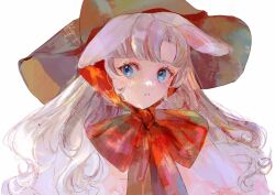 Rule 34 | 1girl, animal ears, blue eyes, blush, bow, bowtie, brown hat, chin strap, dress, ears down, frills, grey hair, hat, highres, jamu (yakinikuoi4), juliet sleeves, long hair, long sleeves, looking at viewer, original, portrait, puffy sleeves, rabbit ears, rabbit girl, red bow, red bowtie, simple background, solo, white background, white dress, white hair