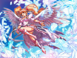 Rule 34 | 00s, 1girl, boots, brown hair, choker, cure angel, cure peach, cure peach (angel), earrings, feathers, female focus, fresh precure!, full body, heart, high heels, highres, hisahiko, jewelry, magical girl, momozono love, open mouth, outdoors, precure, shoes, sky, smile, solo, twintails