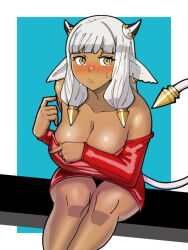 Rule 34 | 1girl, :/, animal ears, ash (fire emblem), bare shoulders, black horns, blunt bangs, blush, breasts, cleavage, closed mouth, collarbone, cow ears, cow girl, cow horns, cow tail, dark-skinned female, dark skin, dress, earrings, ears down, fire emblem, fire emblem heroes, furrowed brow, highres, horns, jewelry, large breasts, long sleeves, mnejing30, nintendo, nose blush, off-shoulder dress, off shoulder, red dress, single earring, sitting, solo, tail, tail raised, white hair, white tail, yellow eyes