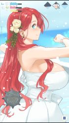 Rule 34 | 1girl, alternate costume, beach, blue eyes, blue sky, boudica (fate), boudica (third ascension) (fate), bracelet, breasts, bride, commentary request, day, dress, earrings, fate/grand order, fate (series), flower, from side, hair flower, hair ornament, huge breasts, jewelry, long hair, looking to the side, ocean, red hair, shoe-ji, sky, smile, water, wedding dress, white dress