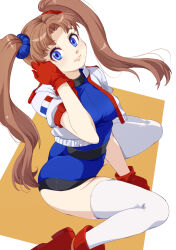 Rule 34 | 1girl, 34 (sanjushi), arm up, ass, athletic leotard, blue eyes, blue leotard, boots, breasts, brown hair, cropped jacket, gloves, hand on own cheek, hand on own face, highres, jacket, leotard, long hair, looking at viewer, medium breasts, numan athletics, red footwear, red gloves, scrunchie, sharon les halles, short sleeves, smile, solo, thighhighs, thighs, twintails, white jacket, white thighhighs