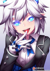 Rule 34 | 1girl, blue eyes, butler, demon power (elsword), elsword, female butler, fi-san, formal, gloves, gradient background, heart, heart-shaped pupils, horns, long hair, looking at viewer, luciela r. sourcream, open mouth, pointy ears, ribbon, short hair, solo, suggestive fluid, suit, symbol-shaped pupils, tongue, tongue out, white gloves, white hair