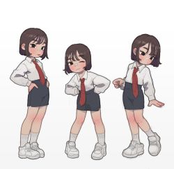 Rule 34 | 1girl, :3, :p, bandaid, bandaid on face, bandaid on nose, black eyes, black hair, bob cut, collared shirt, female focus, hands on own hips, highres, necktie, one eye closed, opossumachine, original, red necktie, shirt, shirt tucked in, shoes, simple background, skirt, sneakers, socks, solo, tongue, tongue out, variations, white background, white footwear, white shirt, white socks