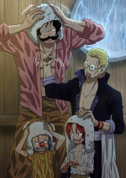 Rule 34 | &gt;:(, 4boys, :d, black hair, blonde hair, buggy the clown, dark, facial hair, glasses, gol d. roger, indoors, male focus, multiple boys, musasabiop, mustache, one piece, open clothes, open mouth, open shirt, rain, red hair, scolding, shanks (one piece), silvers rayleigh, smile, towel, towel on head, v-shaped eyebrows, wet, wet clothes, wet hair