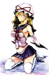 1girl alternate_costume bad_id bad_pixiv_id bare_shoulders bdsm blonde_hair bondage bound bow chain elbow_gloves female_focus gap_(touhou) gloves hat long_hair navel school_uniform solo tears thighhighs touhou virus_(obsession) white_thighhighs yakumo_yukari zettai_ryouiki