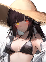 Rule 34 | 1girl, absurdres, bare shoulders, bikini, black bikini, black hair, blunt bangs, blush, breasts, brown hat, cleavage, closed mouth, collarbone, commentary request, commission, final fantasy, final fantasy xiv, hat, heterochromia, highres, horns, long hair, looking at viewer, medium breasts, off shoulder, open clothes, open shirt, red eyes, ringed eyes, shirt, simple background, skeb commission, solo, straw hat, swimsuit, tab head, upper body, warrior of light (ff14), white background, white shirt, yellow eyes
