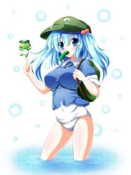 Rule 34 | 1girl, backpack, bag, bare legs, between breasts, blue eyes, blue hair, blush, breasts, cucumber, female focus, food in mouth, hair bobbles, hair ornament, hat, impossible clothes, impossible shirt, kappa, kawashiro nitori, key, large breasts, long hair, matching hair/eyes, mouth hold, one-piece swimsuit, open mouth, osashin (osada), school swimsuit, shirt, sleeves rolled up, smile, solo, swimsuit, swimsuit under clothes, touhou, twintails, two side up, wading, white school swimsuit, white one-piece swimsuit