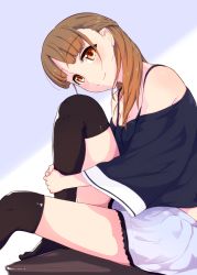 Rule 34 | 1girl, bare shoulders, black thighhighs, blue background, blue shirt, blunt bangs, blush, breasts, brown eyes, brown hair, cleavage, closed mouth, commentary request, from side, grey skirt, head tilt, hi iro, hugging own legs, knee up, long hair, looking at viewer, medium breasts, no shoes, off shoulder, original, shirt, sitting, skirt, smile, solo, thighhighs, two-tone background
