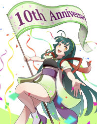 Rule 34 | 1girl, absurdres, anniversary, blush, commentary request, confetti, flag, floating hair, furisode, green hair, green hairband, hairband, highres, hime cut, holding, holding flag, japanese clothes, kimono, kimutomo 2, long hair, looking at viewer, muneate, obi, open mouth, outstretched hand, sash, short kimono, short sleeves, simple background, sleeves pushed up, smile, socks, solo, standing, standing on one leg, streamers, tasuki, thighs, touhoku zunko, voiceroid, white background, white socks, wide sleeves, yellow eyes