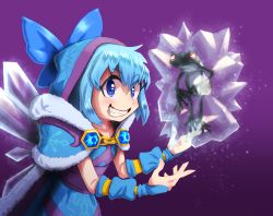 Rule 34 | 1girl, animal, armor, blue bow, blue cape, blue dress, blue eyes, blue hair, bow, cape, cirno, cosplay, crossover, crystal maiden, crystal maiden (cosplay), dota (series), dota 2, dress, frog, frozen frog, gauntlets, grin, hair bow, highres, ice, ice wings, looking at viewer, open mouth, pauldrons, power connection, pun, purple background, red eyes, short hair, shoulder armor, smile, solo, teeth, thevoidful, touhou, wings