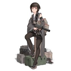 Rule 34 | 1girl, absurdres, artist name, bad id, bad pixiv id, black hair, black pantyhose, box, brown eyes, bullpup, closed mouth, commentary, detached sleeves, english commentary, facial mark, unworn footwear, gun, highres, holding, holding gun, holding weapon, looking at viewer, mask, unworn mask, medium hair, original, pantyhose, platform clogs, shoes, unworn shoes, simple background, smile, solo, standing, strap, submachine gun, suppressor, trigger discipline, vectorek, weapon, white background
